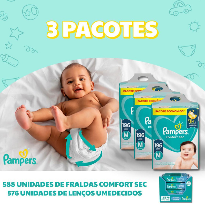 BLACK FRIDAY PAMPERS - 3 Pacotes de Fraldas Confort Sec com 196 Unidades +  Lenços Umedecidos Pampers com 576 Unidades!